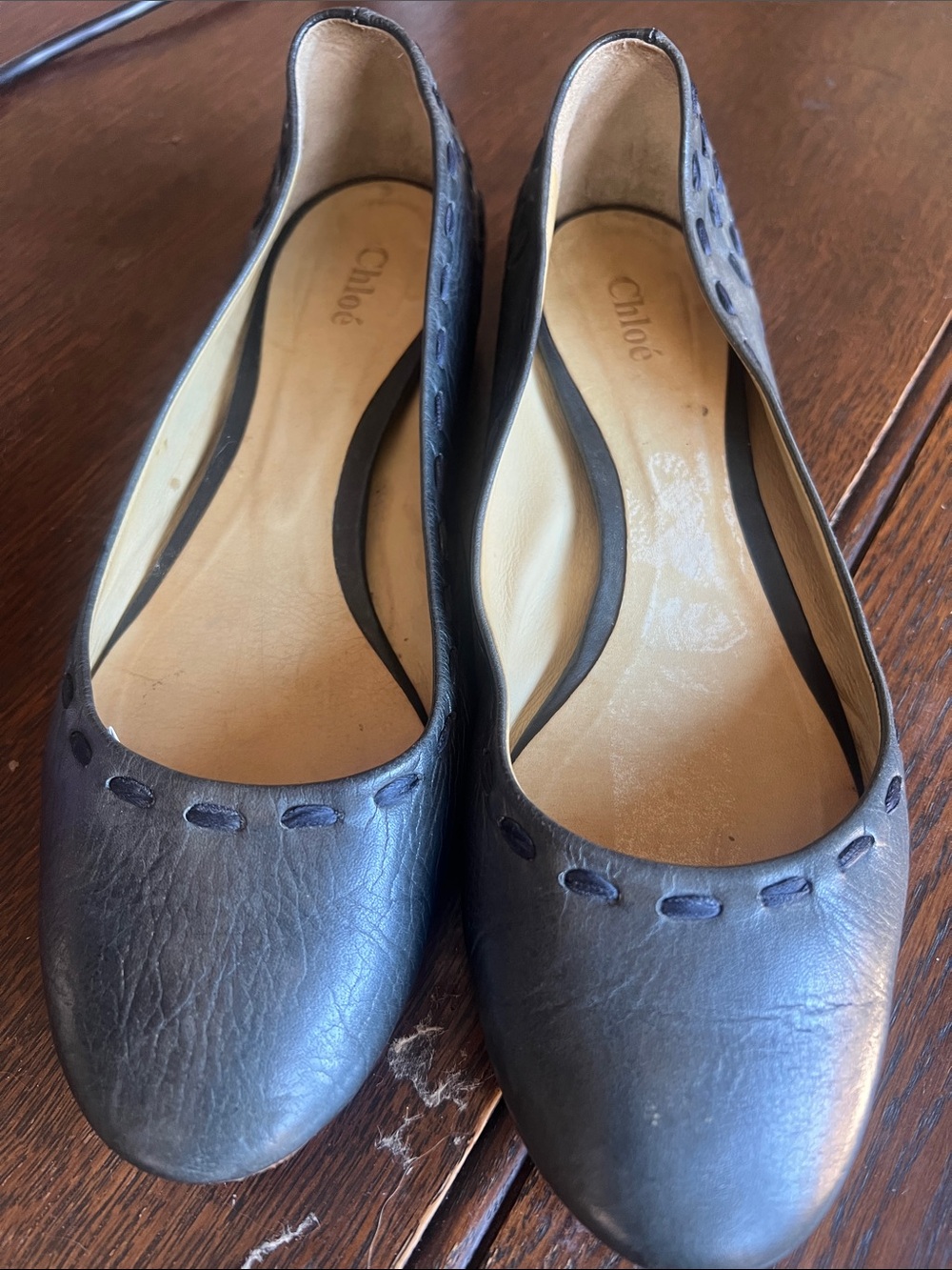 Chloe Navy Leather Ballet Flats with Stitch Detail